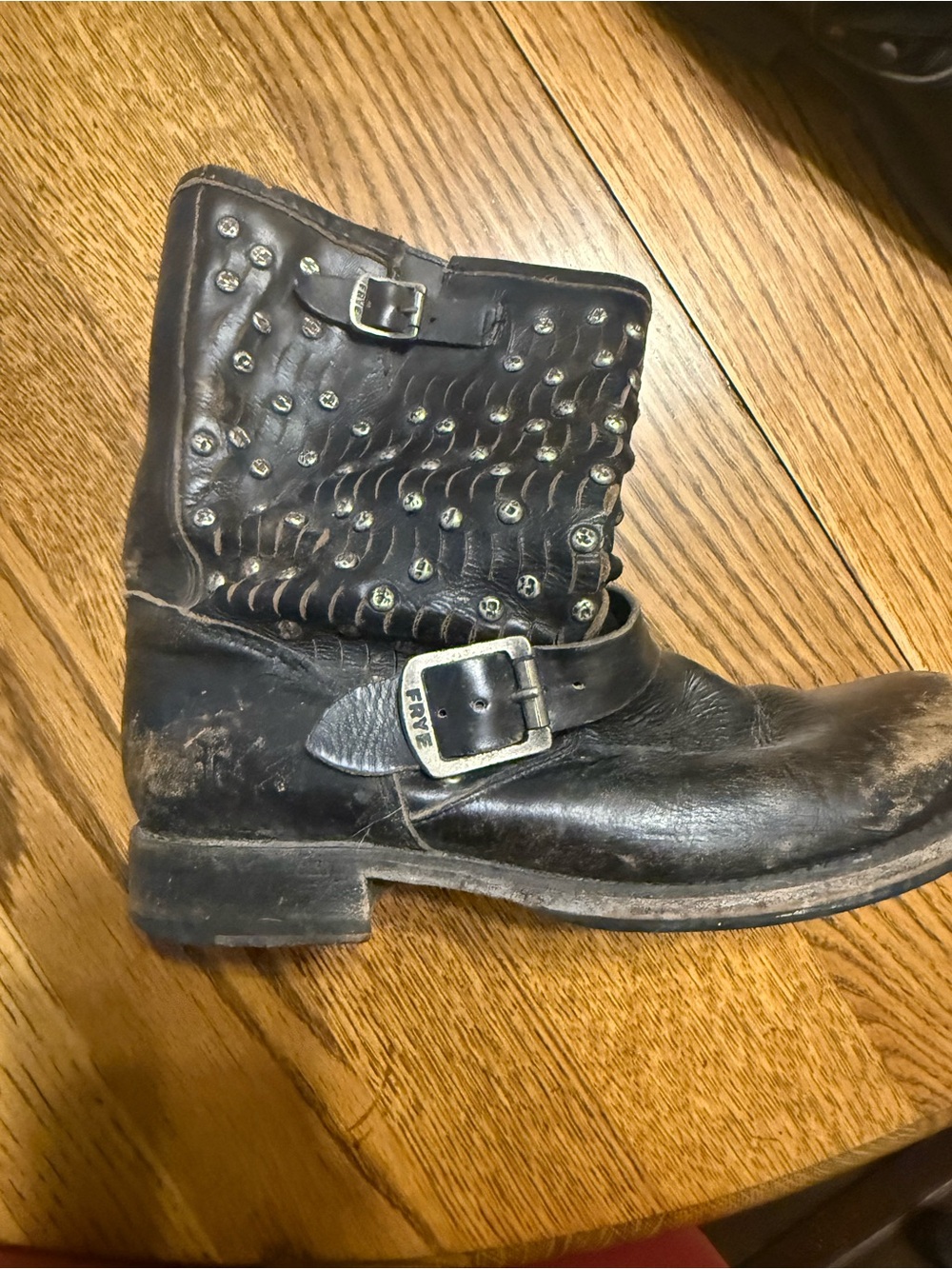 Vintage Frye Black Studded Buckle Leather Ankle Boot